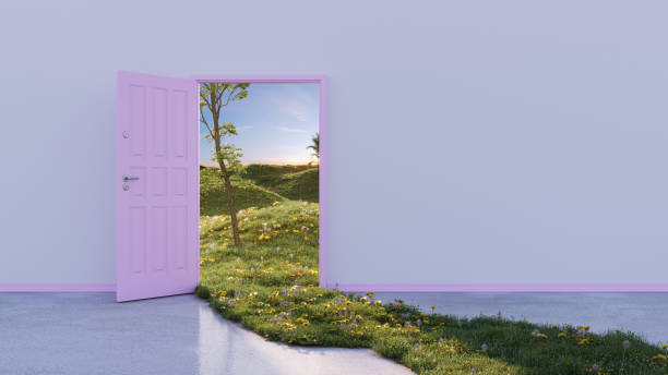 Opening door to the nature An abstract opening door to the nature. (3d render) surreal stock pictures, royalty-free photos & images