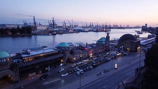 Wide panoramic drone view over the river at Hamburg Hafen city
