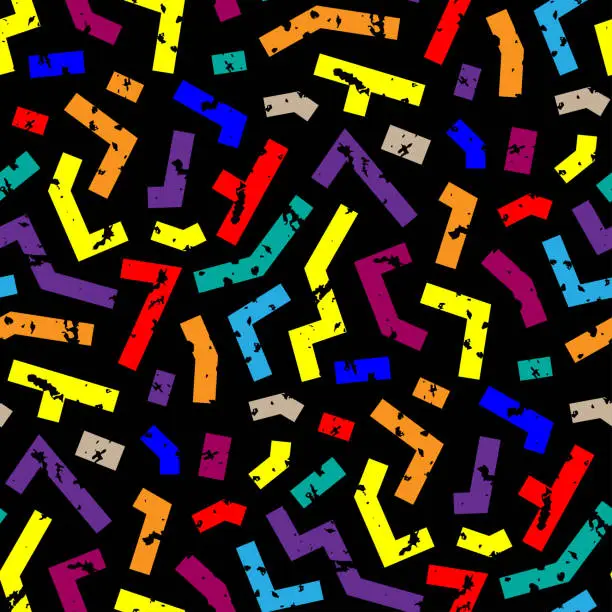 Vector illustration of Bright colorful multicolored curves short lines isolated on black background. Seamless pattern. Vector simple flat graphic illustration. Texture.