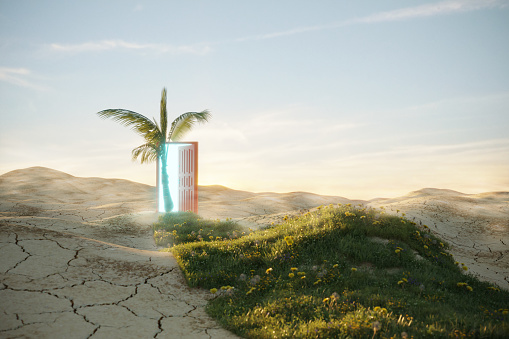 Opening door to the nature on dry land. (3d render)
