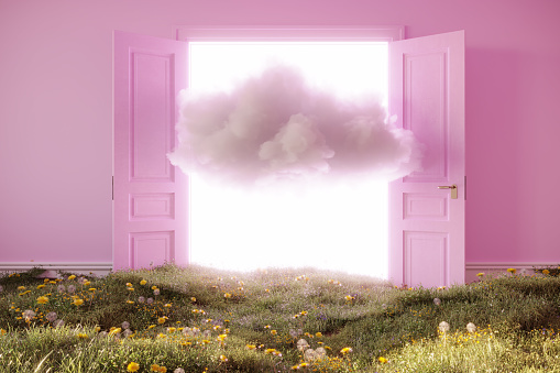 An abstract opening door to the nature in pink colored room. (3d render)