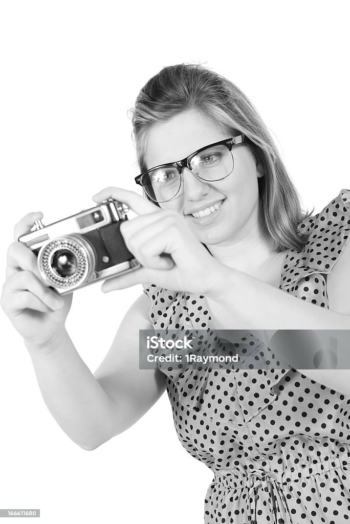 Retro monocromo pretty woman fotógrafo - Foto de stock de Adulto libre de derechos