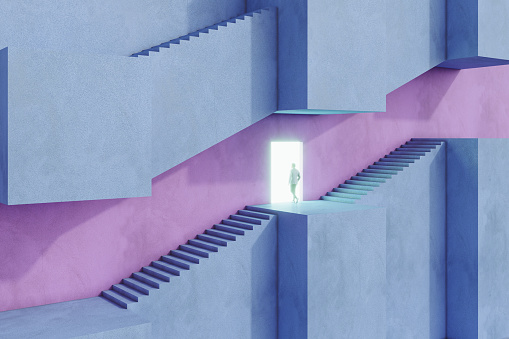 An abstract staircase and a glowing portal, a man going into the portal. ( 3d render )