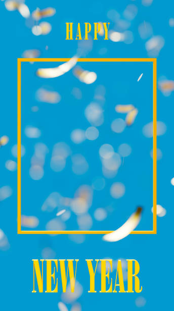 Happy new year text with yellow box on blue stage with flying baubles, 3d illustration