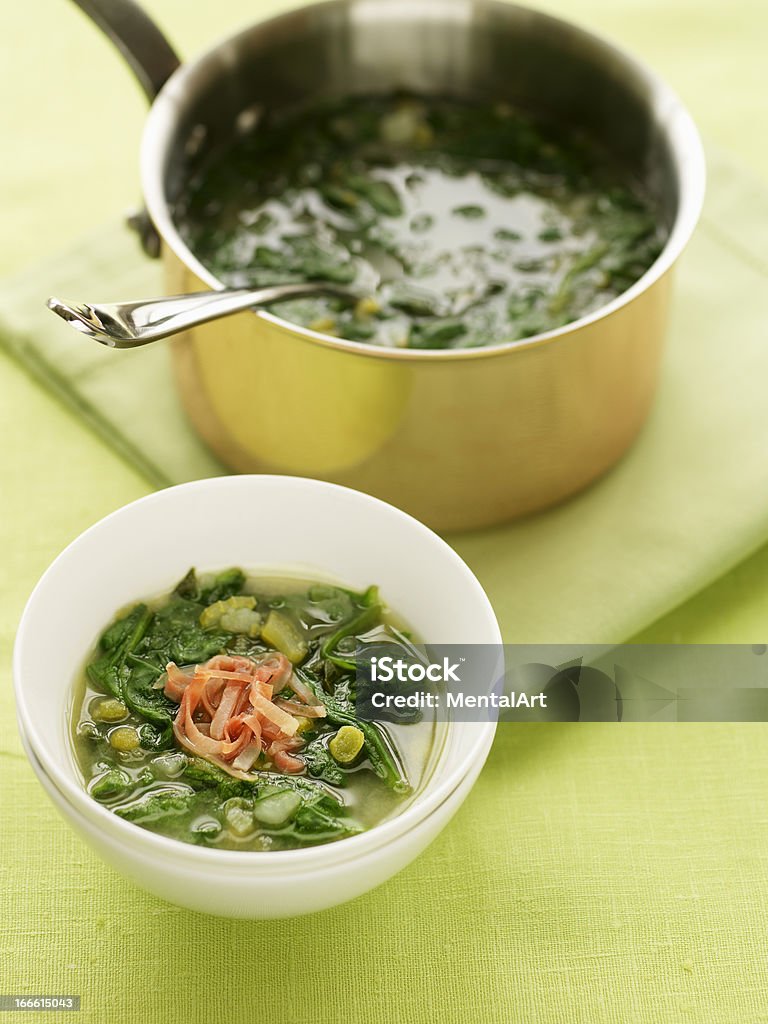 Green Soup Healthy pot of green vegetable soup. Close-up Stock Photo