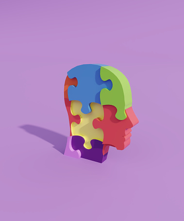 Human head made from jigsaw puzzles on purple background. (3d render)