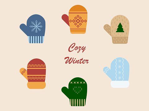 A set of multi-colored mittens. Woolen mittens are located in a circle, inside the circle there is an inscription cozy winter. Vector illustration