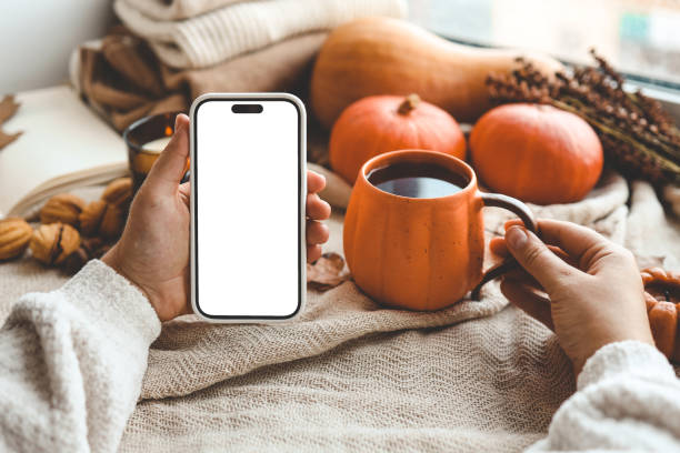 istock Phone with an isolated screen in hands, autumn mood 1666163620