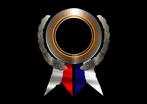 3d illustration silver medal with ribbons white and blue with red