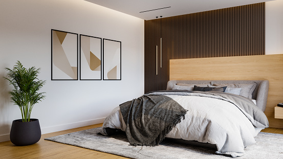 Modern bedroom architecture. 3D generated image. Wall images are my own photographs.