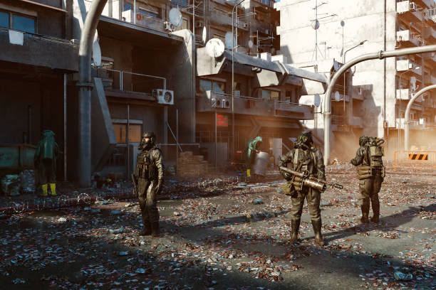 istock Armed forces with decontamination team in polluted city 1666178715