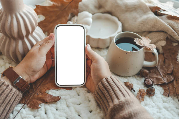 istock Phone with an isolated screen in hands, autumn mood 1666193584