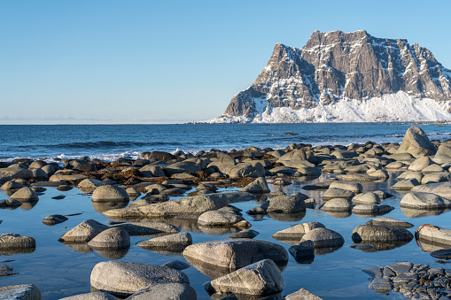 Utakleiv beach in sunny cold weather, winter, Steinsfjorden. Vestvagoya-Nordland fylke-Norway.