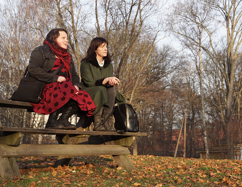 Friends sitting on bench in park during autumn