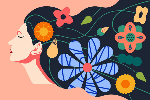 illustrazioni stock, clip art, cartoni animati e icone di tendenza di ritratto di donna con i fiori nei suoi capelli - concetto di solstizio d'estate - solstizio-destate