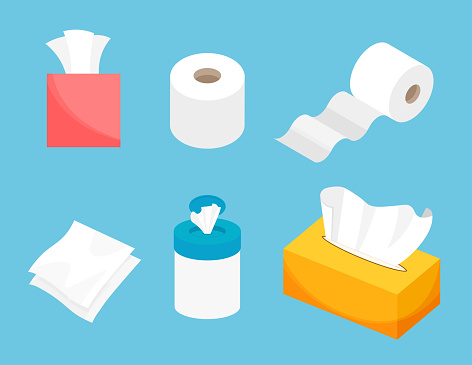 Tissue and toilet paper rolls. Wet wipes. Hygiene and sanitary. Vector illustration in a trendy flat style isolated.