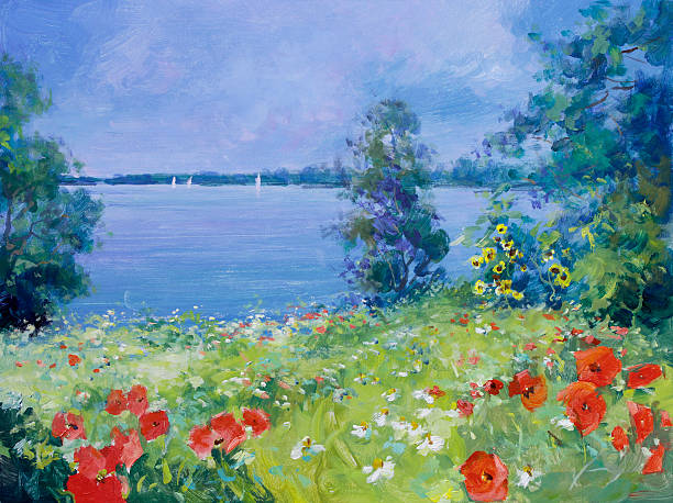 ilustraciones, imágenes clip art, dibujos animados e iconos de stock de coloridas flores en summer meadow - paintings landscape paint acrylic painting