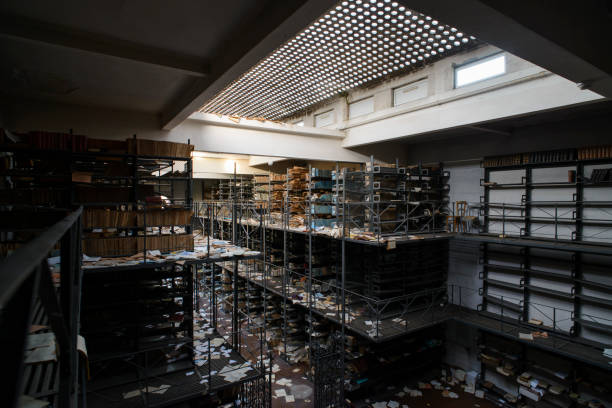 istock Interior of an abandoned school library 1666258074