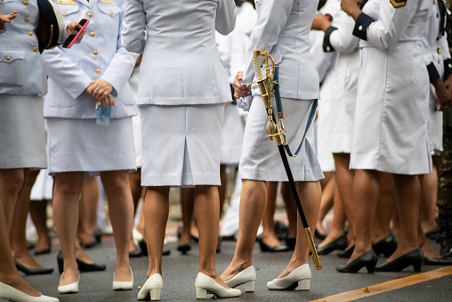 Salvador, Bahia, Brazil - September 07, 2023: Female naval officers are seen in a group during the Brazilian independence celebrations in the city of Salvador, Bahia.