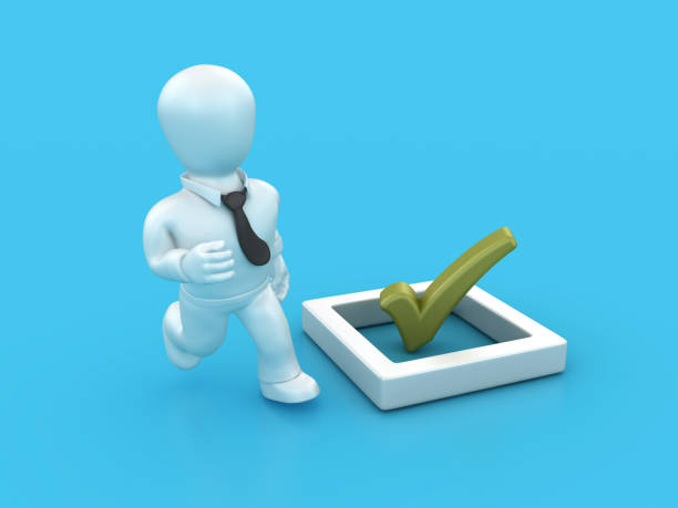 3D Check Mark with Business Character Running - Color Background - 3D Rendering