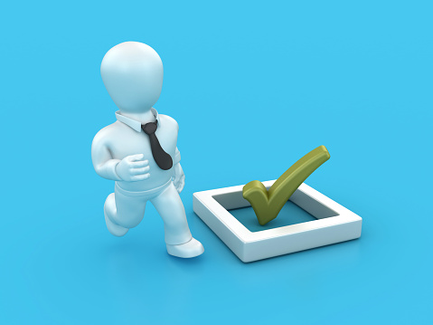 3D Check Mark with Business Character Running - Color Background - 3D Rendering