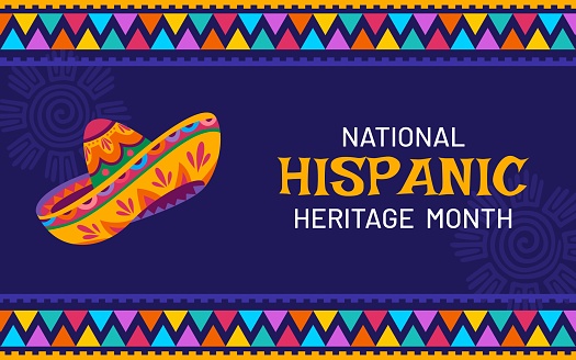 National Hispanic heritage month banner with ethnic pattern and sombrero hat, vector background. Hispanic Americans culture, traditions and art heritage festival poster with Mexican sombrero ornament