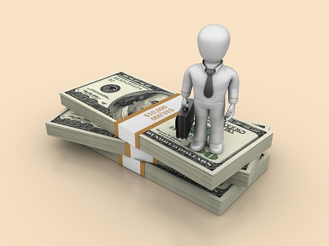 Stack of Dollar Bills with Business Character - Color Background - 3D rendering
