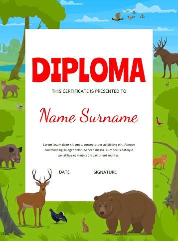 Hunter or conservationist diploma. Cartoon forest animals and birds. Vector award or trophy certificate with Pheasant, black grouse, ducks, fox and moose with rabbit. Bear, deer, boar and lynx border