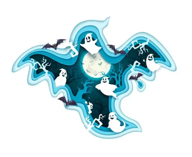 Vector illustration of Halloween paper cut ghost with double exposition
