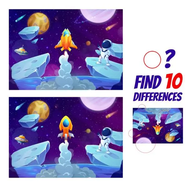 Vector illustration of Find ten difference on space planet with astronaut