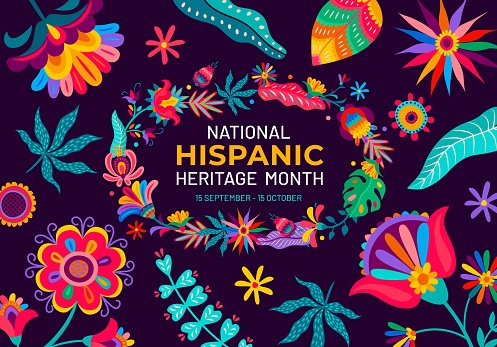 National Hispanic heritage month flyer with tropical flowers and plants, vector background. Mexican culture and traditions day in Mexico or Latin America, poster with national traditional art ornament