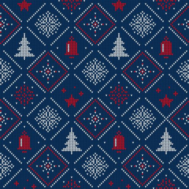 illustrazioni stock, clip art, cartoni animati e icone di tendenza di maglione natalizio con fiocchi di neve e campana - holiday christmas backgrounds bell