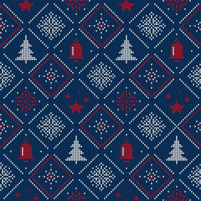 Christmas blue sweater pattern. Xmas holiday, New Year or Christmas ugly sweater vector ornament, Norwegian handmade embroidery print or pattern with pine or spruce tree, snowflakes, bell and stars