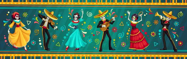 illustrations, cliparts, dessins animés et icônes de personnages de vacances mexicains dia de los muertos - hat band