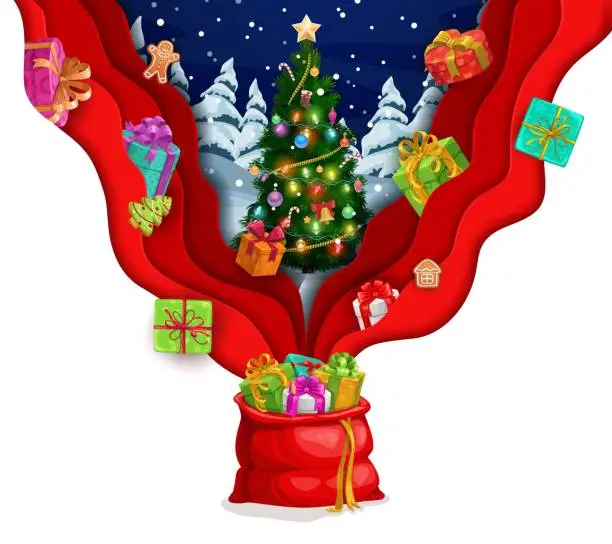 Vector illustration of Christmas paper cut gifts bag and falling presents