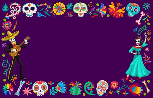 Dia de Los Muertos, Mexican holiday frame with flowers and sugar calavera skull, vector background. Mariachi skeleton in sombrero with guitar and dancing Catrina at Mexican Day of Dead in floral frame