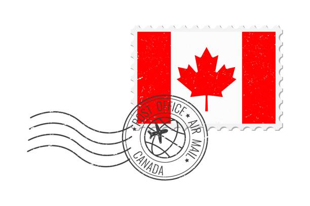 캐나다 그런지 우표. 빈티지 엽서 벡터 그림은 흰색 배경에 분리된 캐나다 국기가 있다. 복고풍 스타일. - postage stamp design element mail white background stock illustrations
