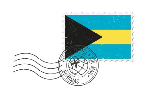 Vector illustration of Bahamas grunge postage stamp. Vintage postcard vector illustration with Bahamian national flag isolated on white background. Retro style.