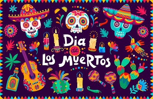 Day of the dead dia de los muertos mexican holiday banner with calavera skulls in sombrero, tropical flowers and musical instruments. Vector greeting card with calaca heads, in cartoon alebrije style