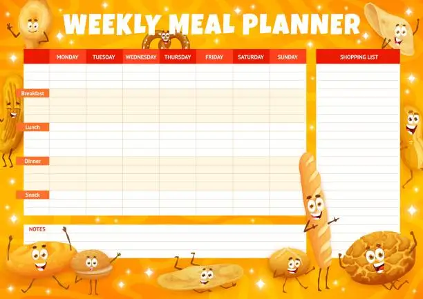 Vector illustration of Weekly meal planner with cartoon pastry characters