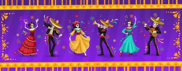 Vector illustration of Cartoon dia de los muertos dead day characters