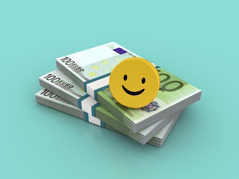 Stack of Euro Banknotes with Happy Emoticon - Color Background - 3D rendering