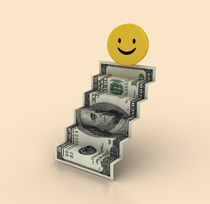 Stair of Dollar Bill with happy Emoticon - Color Background - 3D rendering