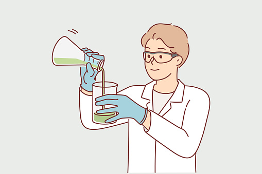 Man scientist holds flasks with chemical reagents and studies reaction of substances when mixed. Guy scientist works in biological laboratory and conducts experiments in field of biotechnology