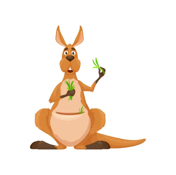 Vector illustration of Cartoon kangaroo character with green grass