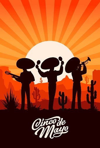Cinco de mayo holiday, mexican mariachi musician silhouettes on sunset at desert. Vector vertical poster with trio of men wear sombrero playing maracas, guitar and trumpet at deserted dusk landscape