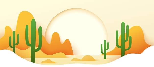 Mexican desert paper cut landscape with mountains, sand and cactuses. Vector vibrant 3d papercut art with rocks, sandy dunes, and iconic cacti, capturing the nature beauty of western arid environment