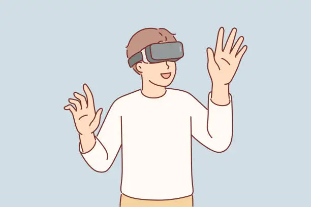 Vector illustration of Boy wearing VR glasses enthusiastically uses new technology to immerse himself in virtual reality