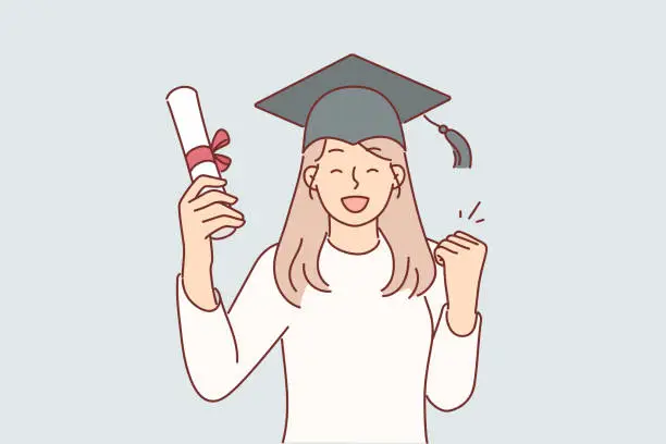 Vector illustration of Graduate girl in university student hat after passing exams and holds certificate of education