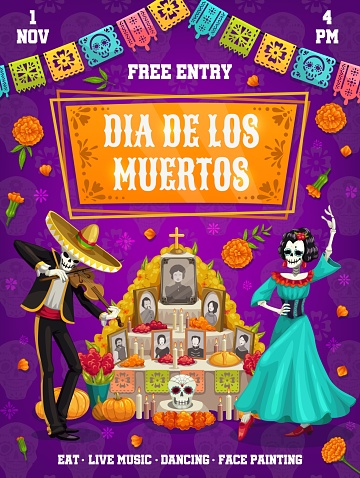 Mexican dia de los muertos holiday flyer. Vector greeting card with Catrina dancer and mariachi musician skeleton perform near the altar with dead ancestor photos, marigold flowers, papel picado flags